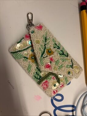 Source Unknown Ivory Beaded Floral Wristlet Keychain with Pink and Green Accents